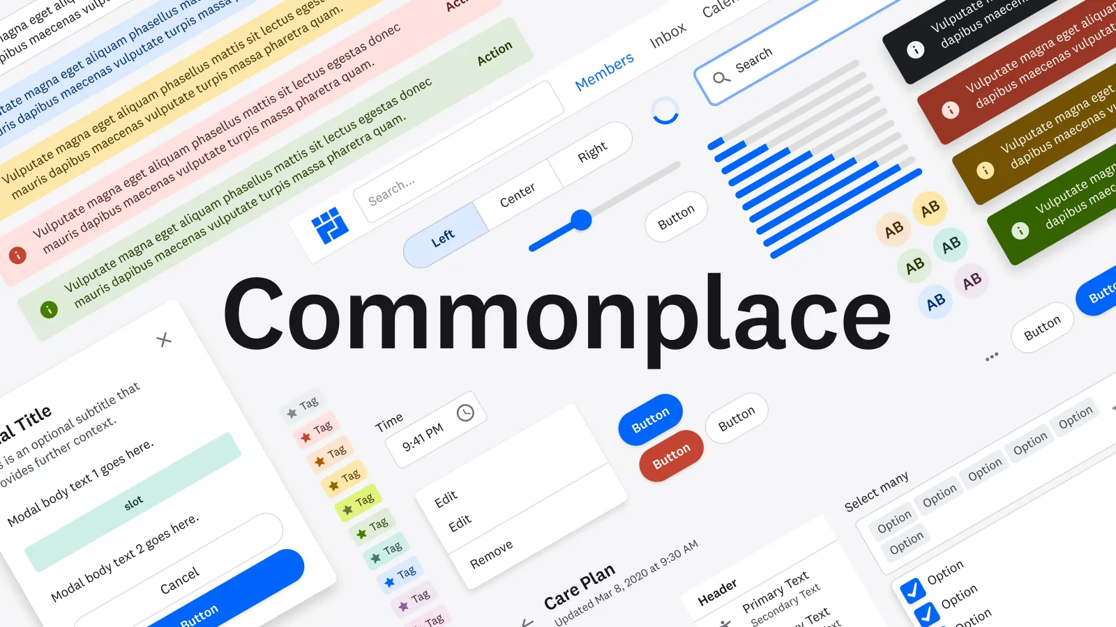 The word "Commonplace" is surrounded by components like buttons and progress bars.