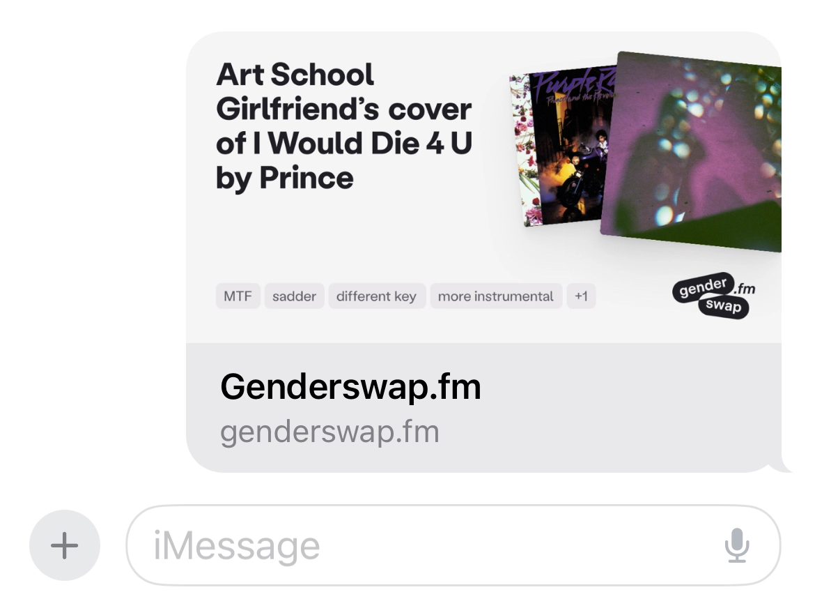 A text message with a preview of the album art and page
title.