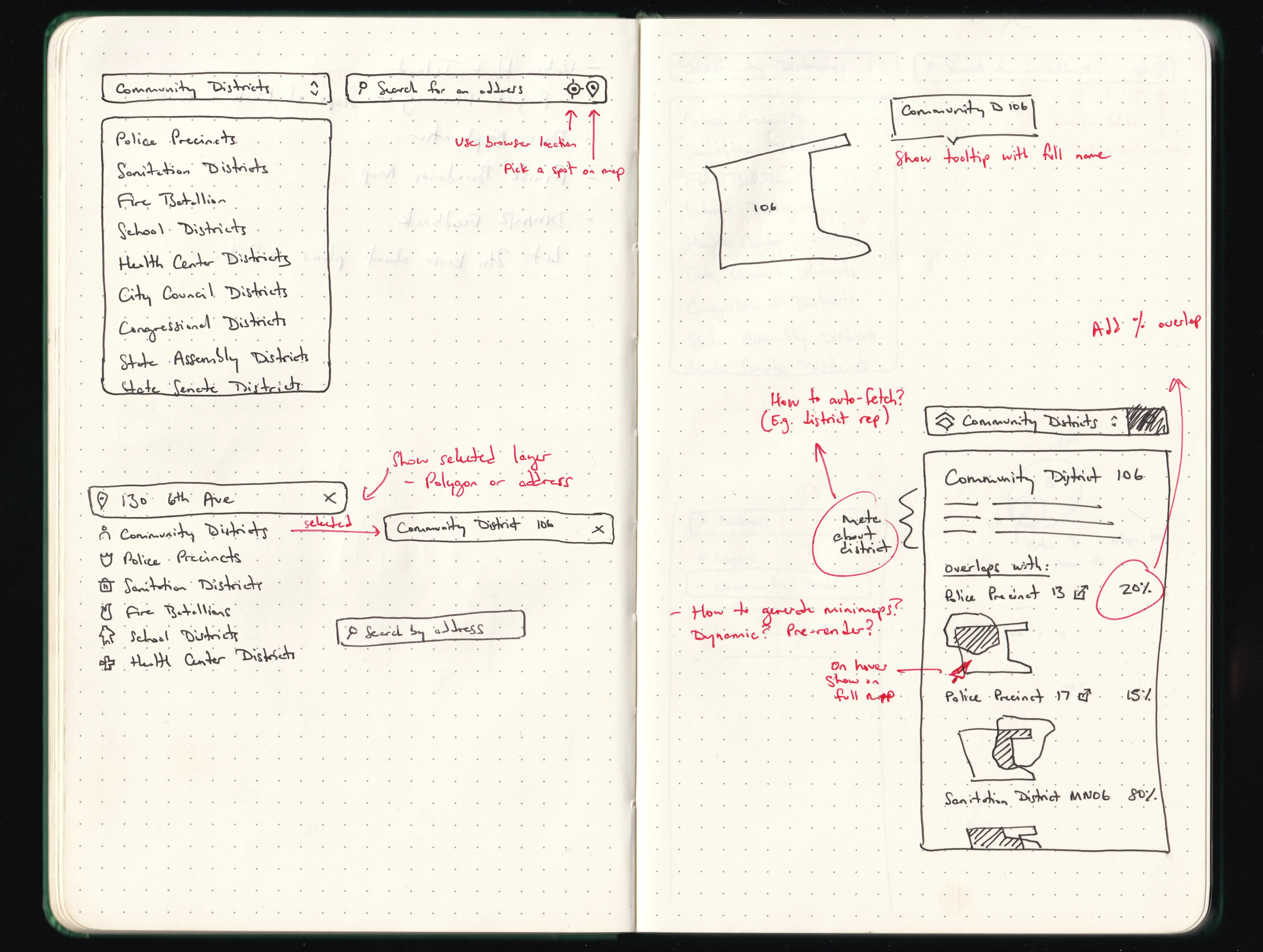 A sketchbook containing several small ideas for maps and
dropdowns.